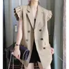 Korea Chic Simple Ladies Jacket Dubbelbröst Ruffled Ärmlös Temperament Modig Khaki Vest Summer 210510