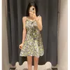 Summer Vintage Floral Thin Straps Backless Dress Women Chic Slim Elastic Slip Short Woman Front Tie Party Vestidos 210430