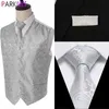 Mens Silver Paisley Waistcoat Slips Ficka Square Vest Suit Set för Tuxedo Bröllop Groom Party Dress Vest för Man Chaleco 210522