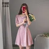 Abiti Moda minimalista Retro Mini White Puff Manica corta Abito in cotone e lino Collo quadrato Rosa Slim A Line Vestido Korea 210610