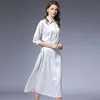 Comelsexy Spring 2ピースセットホワイト女性刺繍花シャツブラウススーツ+ハイウエストビッグスイングミディスカートスカートスーツ210515