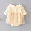 Baby Meninas Petal Collar Manga Longa Primavera Roupa Onesie para Criança Romper Daisy Bordado Tutu Vestido Nascido 210529