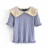 Fashion Women Short Sleeve Crop Knitted Top Casual Navy Collar Paneled Sweet Spring Summer Knit T-Shirt 210521