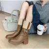 Boots Women Zipper Square Toe PU Leather Block Heel Platform Mid-calf Boot Female Fashion Vintage Comfortable Outdoor Lady Shoes