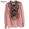 Elegant Lace Hook Flower Embroidery Chiffon Shirt Women Stand Collar Beading Patch Long Sleeve Blusas Spring Loose Blouse 210422
