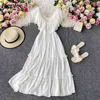 Neploe Beach Style Elegant V-neck White Women Dresses Chic Ruffles Backless Big Swing Dress Summer Long Vestidos 210510