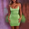 Omsj vestidos mulher festa noite verão neon verde sexy clubwear, esticar cetim mini baixo corte bodycon 210517