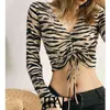 TRAF Women Fashion With Drawstring Animal Print Cropped Blouses Vintage V Neck Long Sleeve Female Shirts Chic Tops 210415