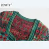 Zevity Frauen Vintage Quadrat Kragen Kontrast Farbe Blume Drucken Stricken Pullover Weibliche Lange Hülse Chic Strickjacken Mantel Tops S540 211109