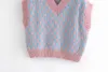 Lente herfst gebreide trui vest vrouwen v-hals mouwloze pullover casual plaid oversized gebreide vrouwelijke 210607