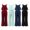 Sparkly Rhinestone Casual Girls Jumpsuit Sommar 2021 Ärmlös Zipper Girl Overaller Chiffon Wide Leg Kids Jumpsuits 6 8 10 12 Y