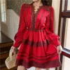 runway designer style spring autumn red lace v-neck buttons party dinner mini dress for women holiday causal mujer chic 210421