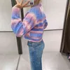 Vintage Corée Style Gradient Tie Dye Tricot Cardigan Femmes Simple Boutonnage Bouton À Manches Longues Pull Jumper Knitwear 210429