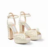 العلامات التجارية الفاخرة الصيفية ساكورا فستان أحذية بيضاء لؤلؤة جلدية مضخات سيدة الخنشة كعب الكاحل الزفاف الزفاف الزفاف EU35-43. مع مربع