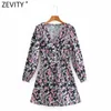 Women Vintage V Neck Floral Print Lace Up A Line Dress Femme Chic Puff Sleeve Party Vestido Casual Clothing DS4925 210416