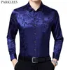 Blå Slät Silkskjorta Män Snygg Kinesisk Dragon Print Mens Slim Fit Dress Skjortor Satin Casual Soft Male Tuxedo Shirt 4XL 210522