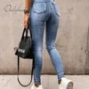 Pantaloni a matita in denim a vita alta da donna streetwear estivi Jeans skinny strappati con foro 210415