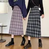 WERUERUYU High Waist Long Wool Plaid Skirt For Women Warm Wool Elegant Office Lady Vintage Skirt Autumn Winter Maxi Skirts 210608