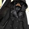 90% duvet de canard blanc longues Parkas hiver femmes veste à capuche Double boutonnage coupe-vent manteau avec ceinture neige vêtements d'extérieur chauds 210430