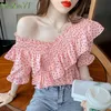 Kvinnors Blusar Chiffon Off Shoulder Top Summer Women 2022 Lady Koreansk Graciös Puff Sleeve Ruffle Fashion Polka Dot Blue Pullover