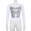 Women's T-Shirt 2022 Women Autumn Clothes Floral Y2k Crop Top Rhinestone Grunge Fairycore T Shirt White Frill Long Sleeve Pullovers Basic Te