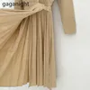 Cargo Women Pleated Maxi Dress Long Sleeve Turn Down Collar Solid A Line Dresses Office Lady Chic Korean Vestidos 210601