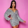 Casual Dresses 2021 Women Bodycon Dress Vestidos Sexig V-Neck Långärmad Silver Sequin Mini Celebrity Club Runway Evening Party