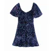 Azul Lantejoula Mini Dress Mulheres Vintage Brilho Sparkly Brilho Curto Puff Sleeve ES Senhoras Noite Sexy 210519