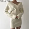 V Neck Sweater Dress for Women Solid High Waist Knitted Style Femme Robe Sexy Korean Bodycon Vestido 19355 210415