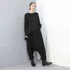 [EAM] 2022 Spring Autumn High Elastic Waist Black Button Split Joint Wide Leg Long Loose Pants Women Trousers Fashion YG2 211216