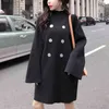 Woman Knitted Button Elegant Black White Stand Collar Long Sleeve Flare Knee Length Autumn Winter Dress D0810 210514