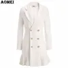 Mode Pak Vrouwen Blazer Workwear White With Ruffle Office Dames Lange Blaser Kleding Herfst Gouden Button Lente Winter Top 210416