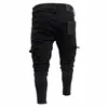 Pantaloni da uomo Fashion Stretch Distrutto Strappato Cargo Pieghettato Maschile Multi-tasca Skinny Fit Black Combat Denim Pencil