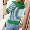 Women's Green Striped Knitted T Shirt Jewelry Buttons Slim Ladies Lapel Short Sleeve T-Shirt Fashion Knit Top 210521