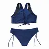 Bikini Push Up Bandeau Swimsuit Brazilian Sexy Women Swimwear Beach Halter Top Swim Wear Dark Blue Print Bathing Suit 210621