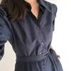 Mulheres vestido coreano chique slim manga longa lace up senhoras camisa casual vestido elegante escritório senhora vestidos 210514