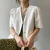 Summer Korean Style Bubble Sleeve Crop Top Women Office Lady V-neck Basic Short Tweed Jacket Coat Fashion Casual Outwear 210514