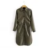 Vinatge Woman Dark Green Slim Leather Shirt Dress Autumn Winter Fashion Ladies Soft PU es Female Casual Draped 210515