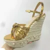 Luxe Pearl Insert Straw Braid Wedges Platform Sandalen Vrouwen Open Toe Gold Strappy Leather Hog Heel Shoes Party5676137