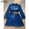 Msfancy Summen Rock Sets Frauen Blau Langarm Shrug Bandage Crop Blazer Hohe Taille A-line Anzug Rock Mujer Elegante Sets 210604