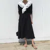 Korejpaa Frauen Kleid Sommer Korea Chic Elegante Temperament V-ausschnitt Doppel Hohl Spitze Nähte Taille Kurzarm Kleider 210526