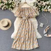 Women's Dress Beach Style Off Shoulder Slash Neck Puff Sleeve Elastic Waist Bohemian Floral Print Vacation Maxi with Belt 210603