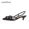 SOPHITINA Retro Sandals Women Black Pointed Toe Low Heel French Flowers Decoration Casual Buckle Shoes Elegant Sandals PO617 210513