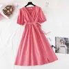 Women Elegant Long Dress Summer V-Neck High Waist Slim Purple Lady Office Dress Puff Sleeve Party A-line Dress Vestidos 210521