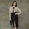 Elegant Office Lady Long Sleeve Bowtie Ruffles Work Shirt Black High Waist Front Zipper Split Pencil Skirt with Belt 210603