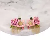 Stud Sweet Rose Series Pink Flower Tassel örhängen Emalj handmålad hantverk öronring smycken för kvinna 2021 Trend