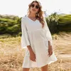 Spring Chiffon and Polyester Loose V-Neck Three-quarter Sleeves White Solid Casual Women's Dress 210524