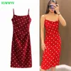 Kırmızı Polka Dot Backless Kadın Elbise Yaz Siyah Ince Ince Askıları Midi Kadınlar Zarif Parti Abiye Kayma Kulübü Vestidos 210430