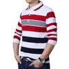 TFETTERS Autumn Casual Men T-shirt White and Red Stripe Pattern Fitness Long Sleeve Turn-down Collar Cotton Tops Clothes 210629