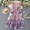 Wiosna Jesień Vintage Kobiety O-Neck Buth Sleeve Butterfly Floral Print Dress Casual Loose Sash Tie Up Fioletowy 210423